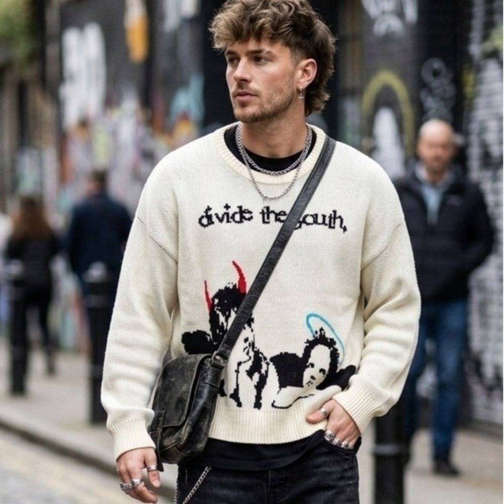 Divide The Youth Cream Sweater Angel & Demons Cherub Boxy Harajuku Streetwear Lg